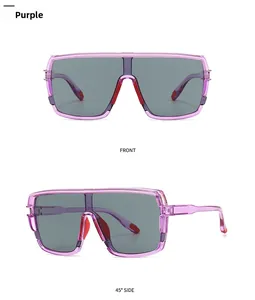 Front and side view of purple oversized frame sunglasses with grey lenses