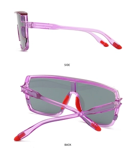 Side and back views of purple shield sunglasses with grey lenses and red non-slip pads
