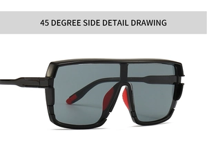 Detail view of bold black square sunglasses featuring sporty red soft rubber nose pads