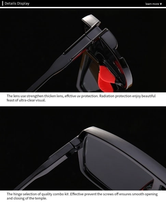 Detail of black sports frame with red nose pads and reinforced hinges for durability