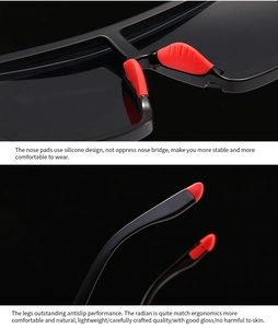 Detail of red silicone nose pads and non-slip ergonomic temples on sports sunglasses
