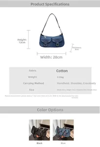 Detailed size chart of denim shoulder bag with measurements 28x13x8cm and weight 0.31kg