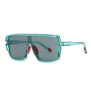 Retro cyan transparent oversized sunglasses with dark grey lenses and red rubber pads
