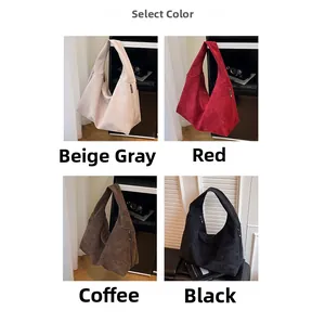 Selection of corduroy hobo tote bags in cream, red, brown, and black colors