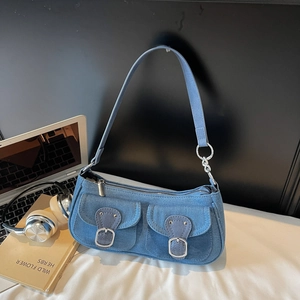 Vintage Denim Shoulder Bag For Women Retro Y2K Underarm Bag With Double Pockets Silver Buckle Casual Crossbody Bag