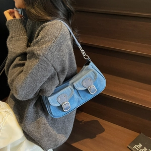Blue denim underarm bag with metal buckles and chain strap, casual shoulder bag for women