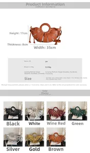 Detailed size chart and specifications for the woven PU leather basket evening handbag