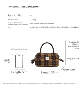 Detailed size specifications for retro plaid boston bag with dimensions and phone reference