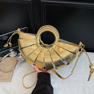 Woven PU Leather Handbag For Women Hollow Out Fan Shape Crossbody Bag With Round Handle Gold Rivets And Drawstring Pouch