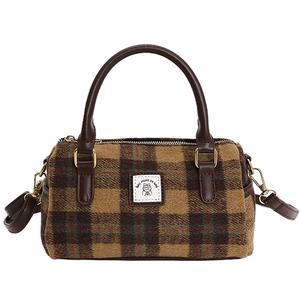 Classic plaid Boston handbag with brown leather handles and adjustable shoulder strap