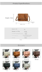 Detailed size specifications and material chart for the minimalist PU leather square bag