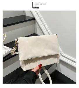 Detail of white PU leather crossbody bag with decorative zipper and gold-tone hardware