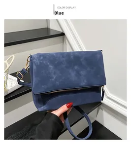Close-up of blue faux suede crossbody bag with gold hardware and zipper detail