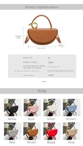 Detailed size chart and eight available colors for the PU leather half-moon handbag