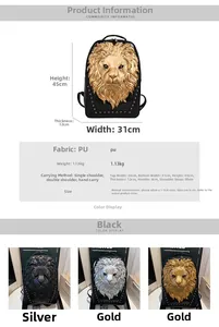 Detail view of large 3D lion head backpack showing dimensions and metallic finish