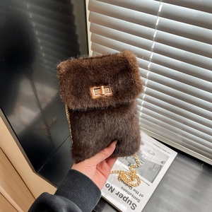Sac À Bandoulière En Peluche Pour Femmes Mini Pochette Pour Téléphone En Fausse Fourrure Avec Chaîne Dorée Et Fermoir Rotatif Hiver Chic