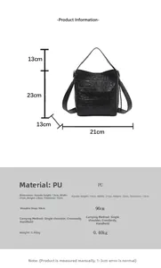 Detailed size chart for black faux leather bucket bag with dimensions and strap info