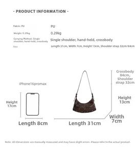 Size guide for rivet hobo bag showing 31cm length and comparison with iPhone 16 Pro Max