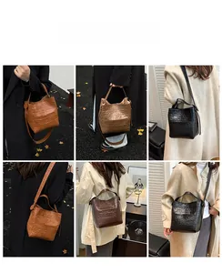 Collage of models wearing crocodile embossed bucket bags in brown, coffee, and black
