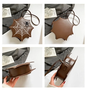 Detailed views of brown spider web crossbody bag with embroidery and adjustable strap