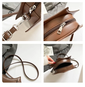Detailed views of brown star-shaped bag showing silver hardware and PU leather texture