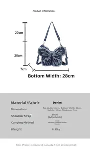 Detailed dimension chart for butterfly denim backpack with blue embroidery accents