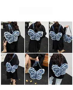 Detailed views of a denim butterfly backpack with frayed edges and versatile chain straps