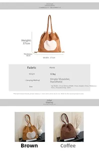 Size chart showing suede bucket bag dimensions with heart charm details in cm
