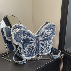 Butterfly Shaped Denim Shoulder Bag Distressed Frayed Edges Y2K Street Style Embroidery Women Blue
