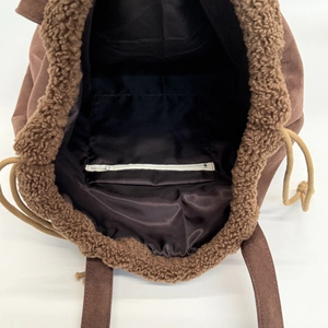 Retro tote bag interior view with fleece trim, drawstring closure and zipper pocket