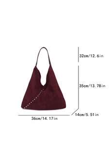 Detailed dimensions of the wine red matte shoulder bag with silver studs and size chart