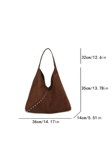 Detailed dimension guide for dark brown matte shoulder bag with silver rivet accents