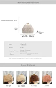 Detailed view of plush shell bag with pearl clasp, gold chain, and size specifications