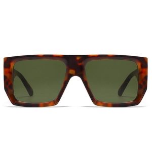 Detailed front view of modern square tortoise shell sunglasses with dark green lenses