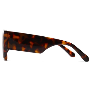 Side view of narrow tortoiseshell sunglasses featuring wide high-gloss acetate temples