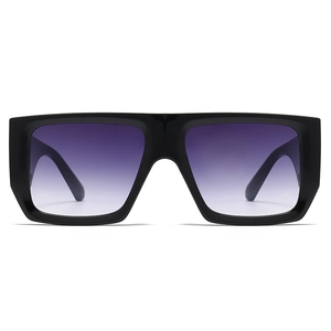 Detailed front view of square black oversized sunglasses with purple gradient lenses