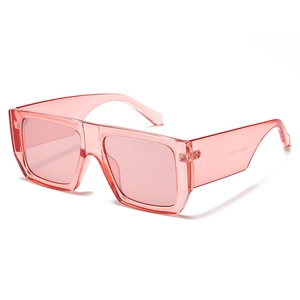 Modern narrow rectangular sunglasses for women in transparent pink with wide temples