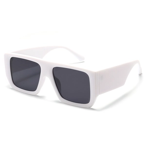 Modern white square frame sunglasses with dark gray lenses in a stylish 45-degree view
