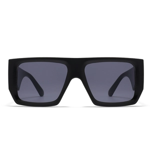Modern oversized black square frame sunglasses with thick edges and dark lenses on white background