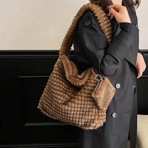 Brown fuzzy plush tote bag with checkered texture and matching small coin pouch