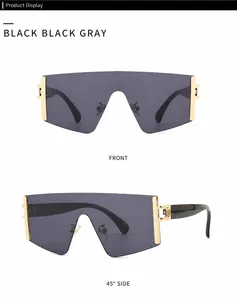 Vorder- und Seitenansicht rahmenloser schwarzer Sonnenbrille mit goldenen Metallscharnieren