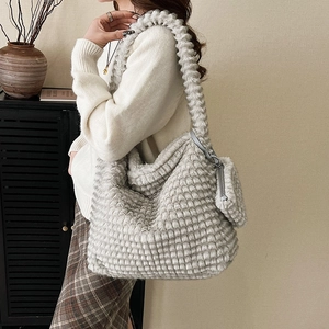 Fashionable grey plush tote bag with bubble texture and matching small coin purse