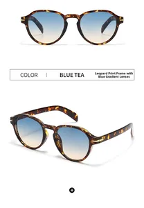 Detail van retro zonnebril met luipaardprint en blauwe en thee verloopglazen