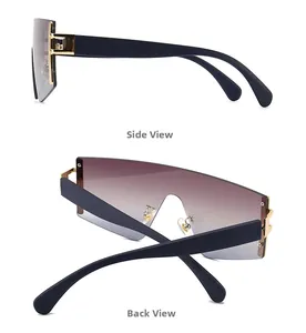 Seiten- und Rückansicht der übergroßen randlosen Sonnenbrille mit Goldmetallscharnieren