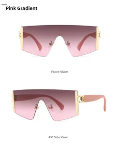 Detaillierte Vorder- und Seitenansicht der übergroßen randlosen Sonnenbrille mit rosa Verlauf