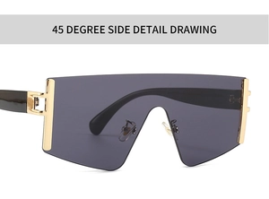 Detaillierte 45-Grad-Seitenansicht der schwarzen Shield-Sonnenbrille mit Goldakzenten