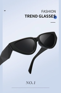 Detail of trendy black cat eye sunglasses with thick geometric temples and matte finish