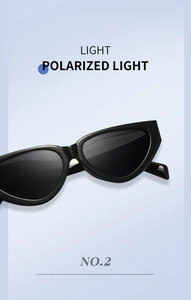 Detail of slim black cat-eye sunglasses with polarized lenses and a sleek frame