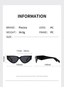 Detailed size chart for narrow cat eye sunglasses with frame and lens measurements