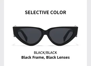 Front view of narrow black cat-eye sunglasses with dark grey polarized lenses